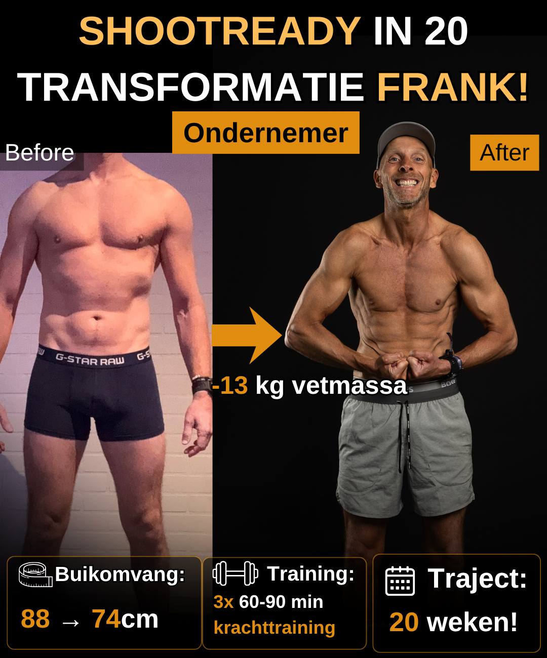Frank, ondernemer: 13 kg vetmassa eraf in 20 weken, buikomvang van 88 naar 74 cm