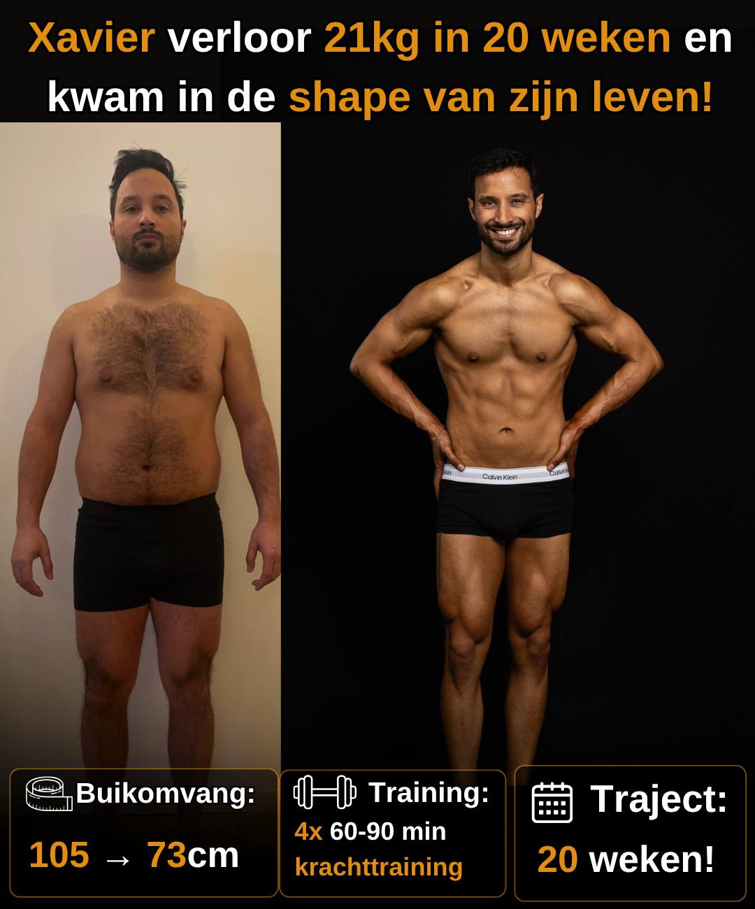 Xavier verloor 21 kg in 20 weken, buikomvang van 105 naar 73 cm