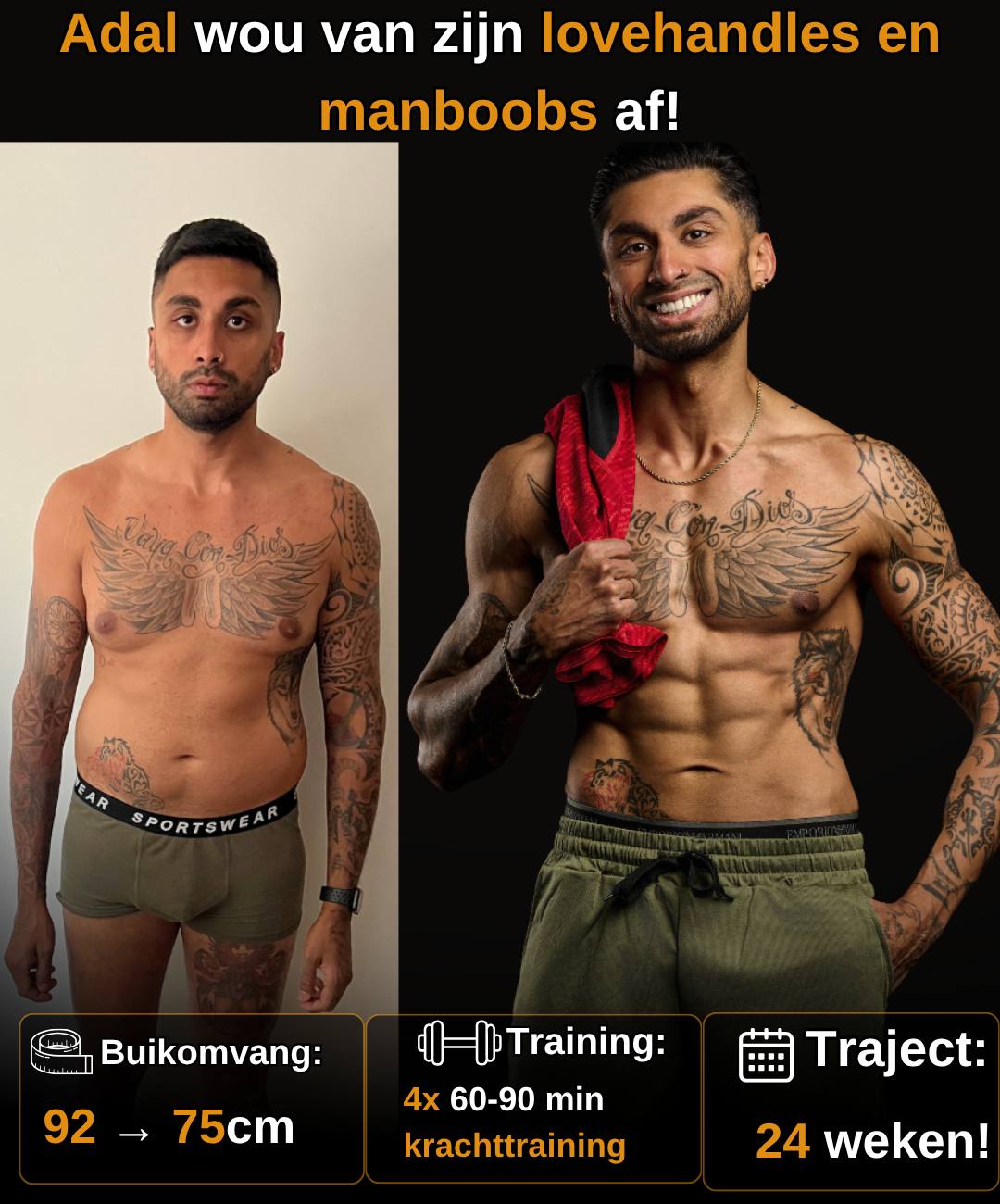 Adal raakte zijn lovehandles kwijt, buikomvang van 92 naar 75 cm in 24 weken