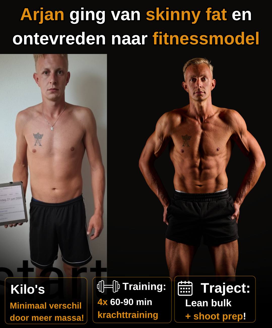 Arjan ging van skinny fat naar fitnessmodel, lean bulk plus shootprep
