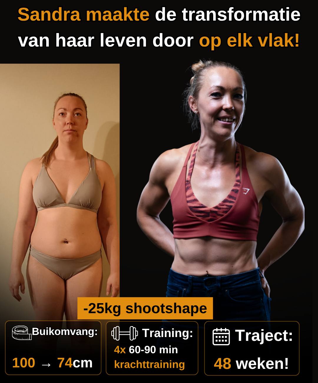 Sandra: 25 kg naar shootshape, buikomvang van 100 naar 74 cm in 48 weken
