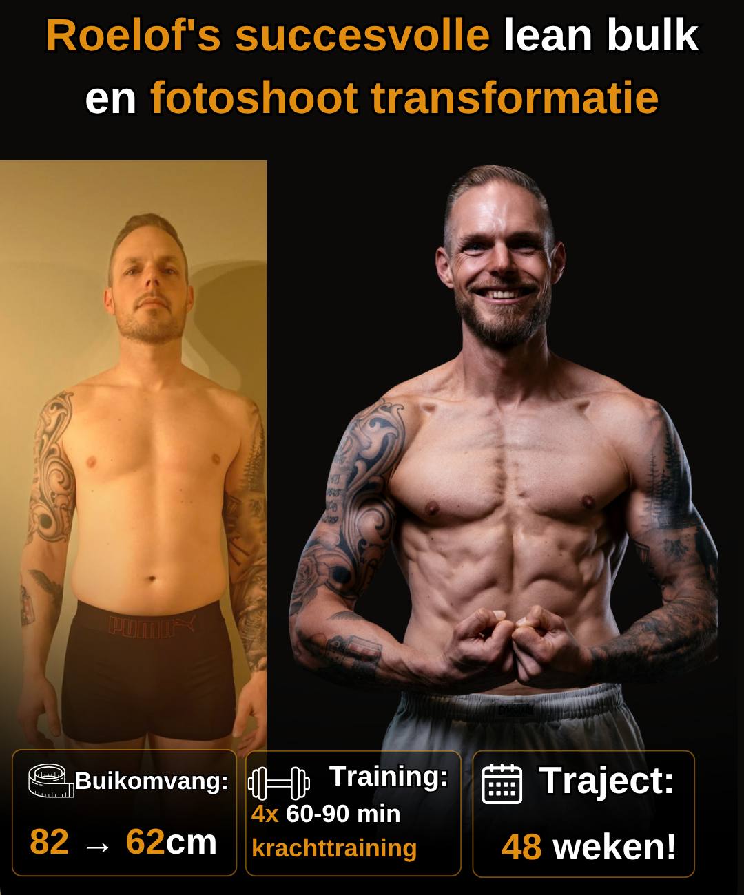 Roelof, lean bulk en fotoshoottransformatie, buikomvang van 82 naar 62 cm
